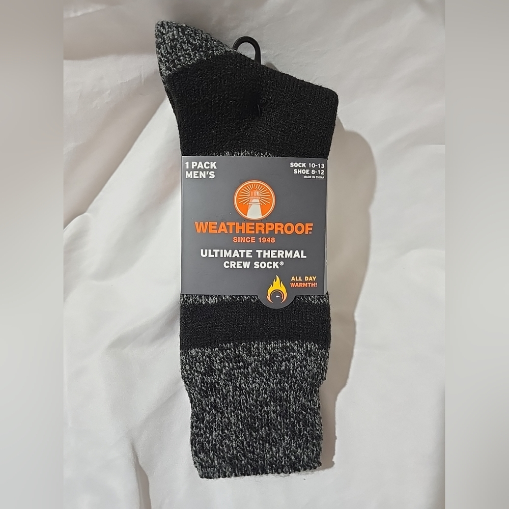 NWT Weatherproof Men Ultimate Thermal Crew Sock Size 8-12 Gray Black All DayWarm